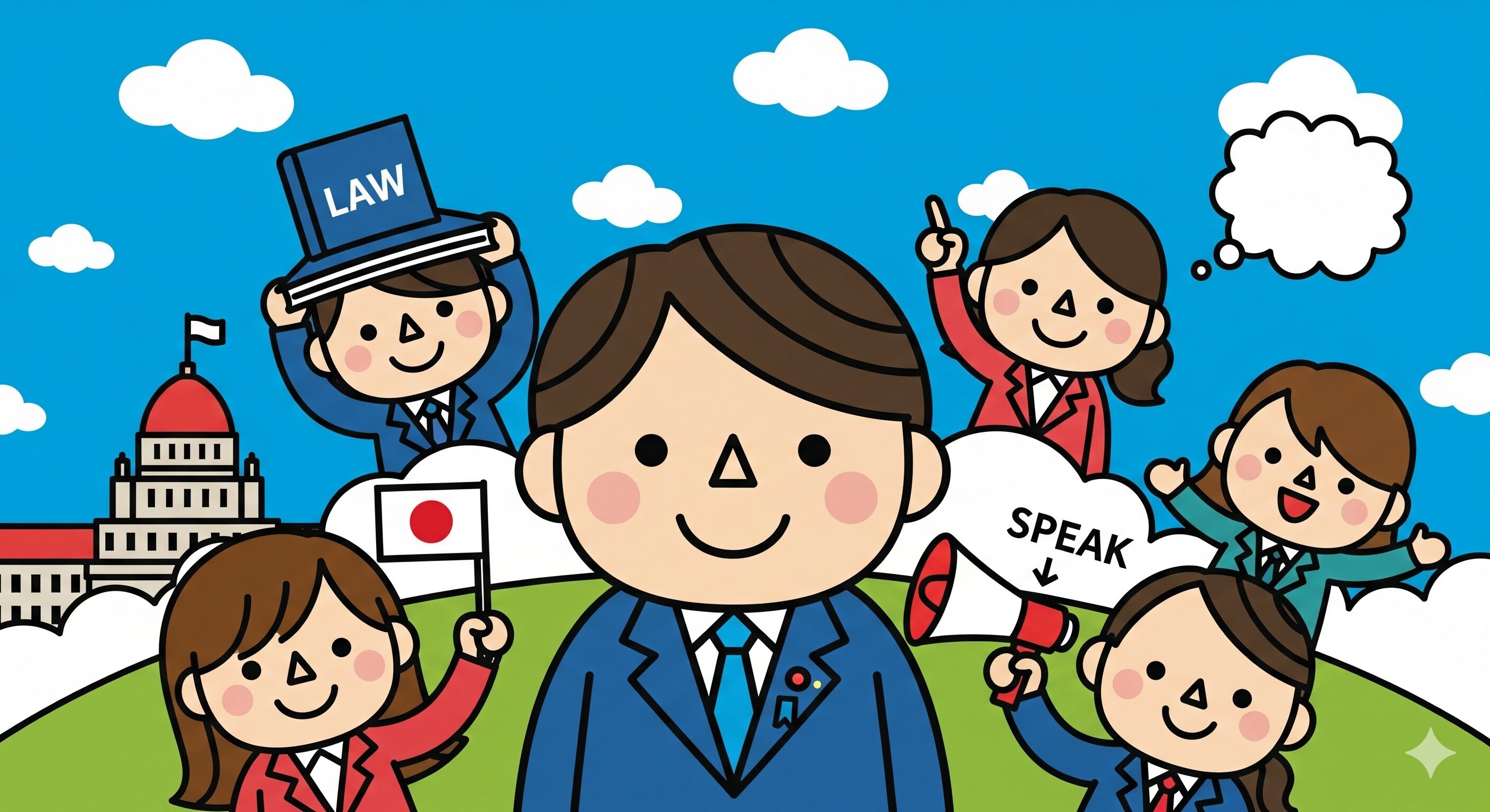 幼稚園児でも分かる日本の一番偉い人と政治の仕組み　この記事に合う画像を16：9で生成して