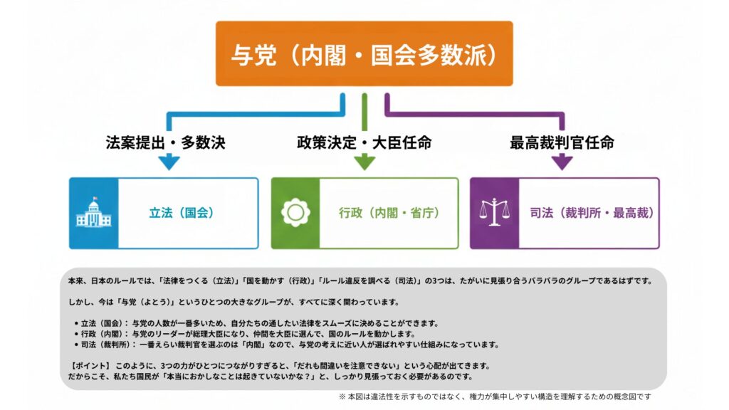日本の三権分立と与党の関係を、誰でも直感的に理解できる
インフォグラフィック風イラスト。