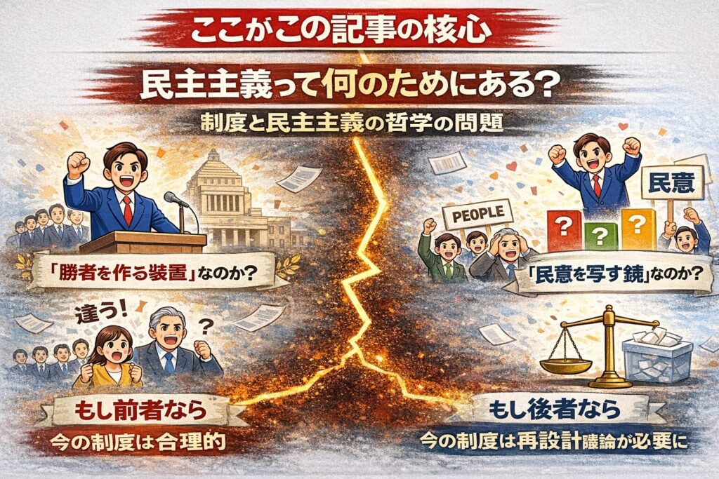 これは不正批判ではない。

これは陰謀論でもない。

制度と民主主義の哲学の問題だ。

問いはこれ：

民主主義は「勝者を作る装置」なのか？

それとも「民意を写す鏡」なのか？

もし前者なら、今の制度は合理的。

もし後者なら、
