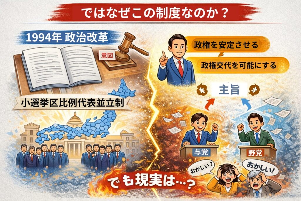 1994年の政治改革で
小選挙区比例代表並立制が導入された。

目的は：

政権の安定

二大政党制の促進

しかし現実には、

野党分裂 → 与党有利

組織力のある政党が圧倒的に強い

という構造が固定化している。