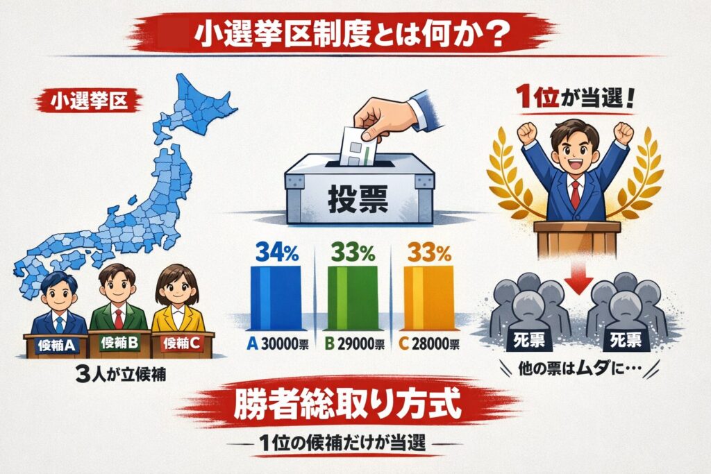 100人の地域で選挙があったとする。

与党A：31票

野党B：29票

野党C：25票

野党D：15票

当選はAだけ。

この仕組みを数式で書くと：

つまり1位がすべて。

残り69票は議席に反映されない。

これが「死票」。