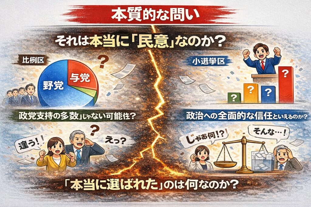 もし比例代表で与党が過半に届いていない場合、

「政党支持の多数」と
「議席の多数」は一致しない可能性がある。

それでも「全面的な信任」と言えるのか。